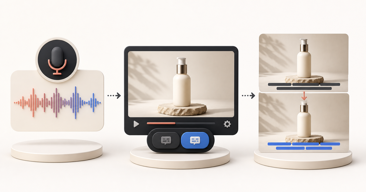 Three ways language can change in a product video: voice, a separate subtitle track, and subtitles visible in the video frame.