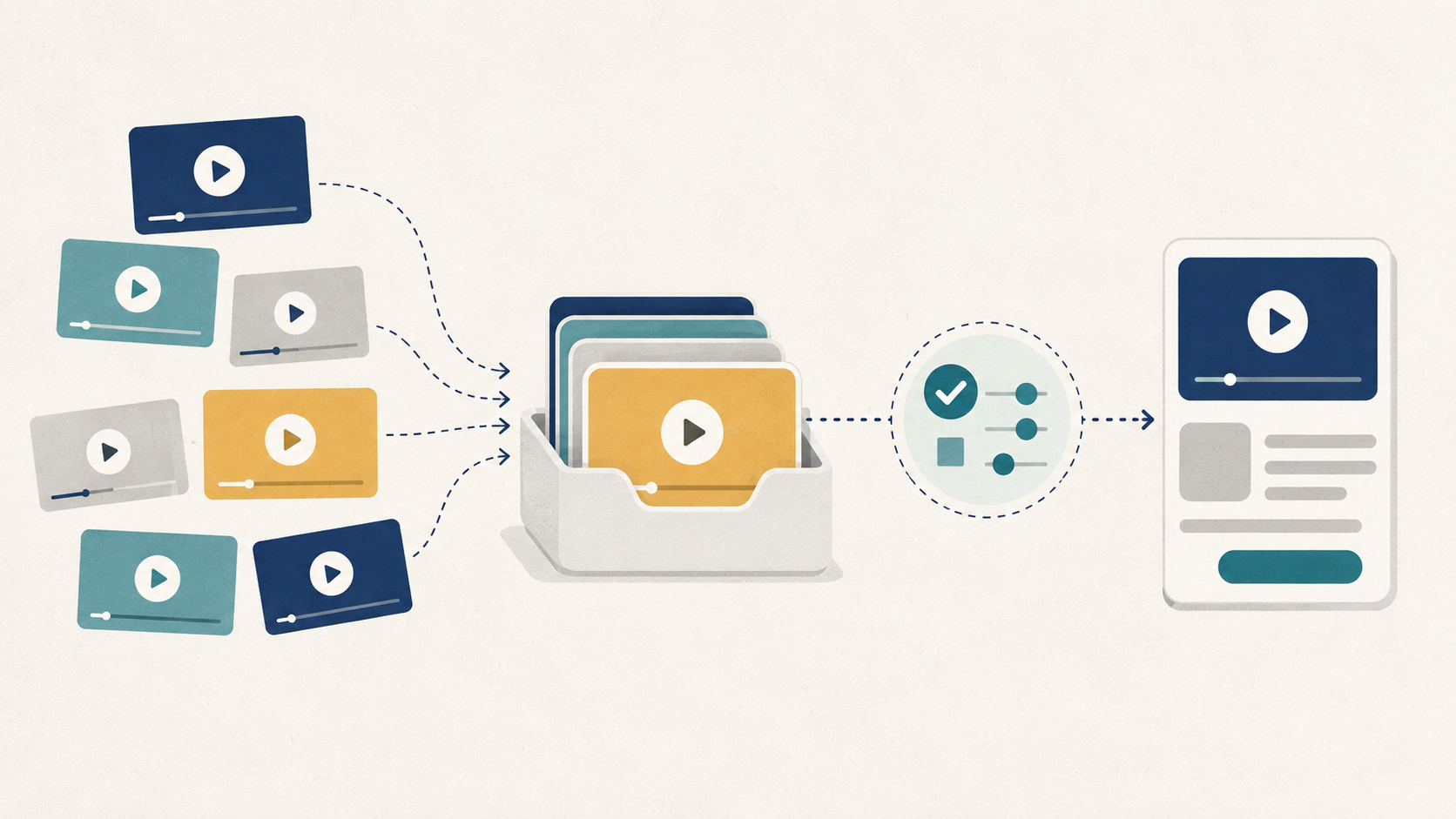 A textless diagram shows multiple videos collected for review before one connects to a product card.