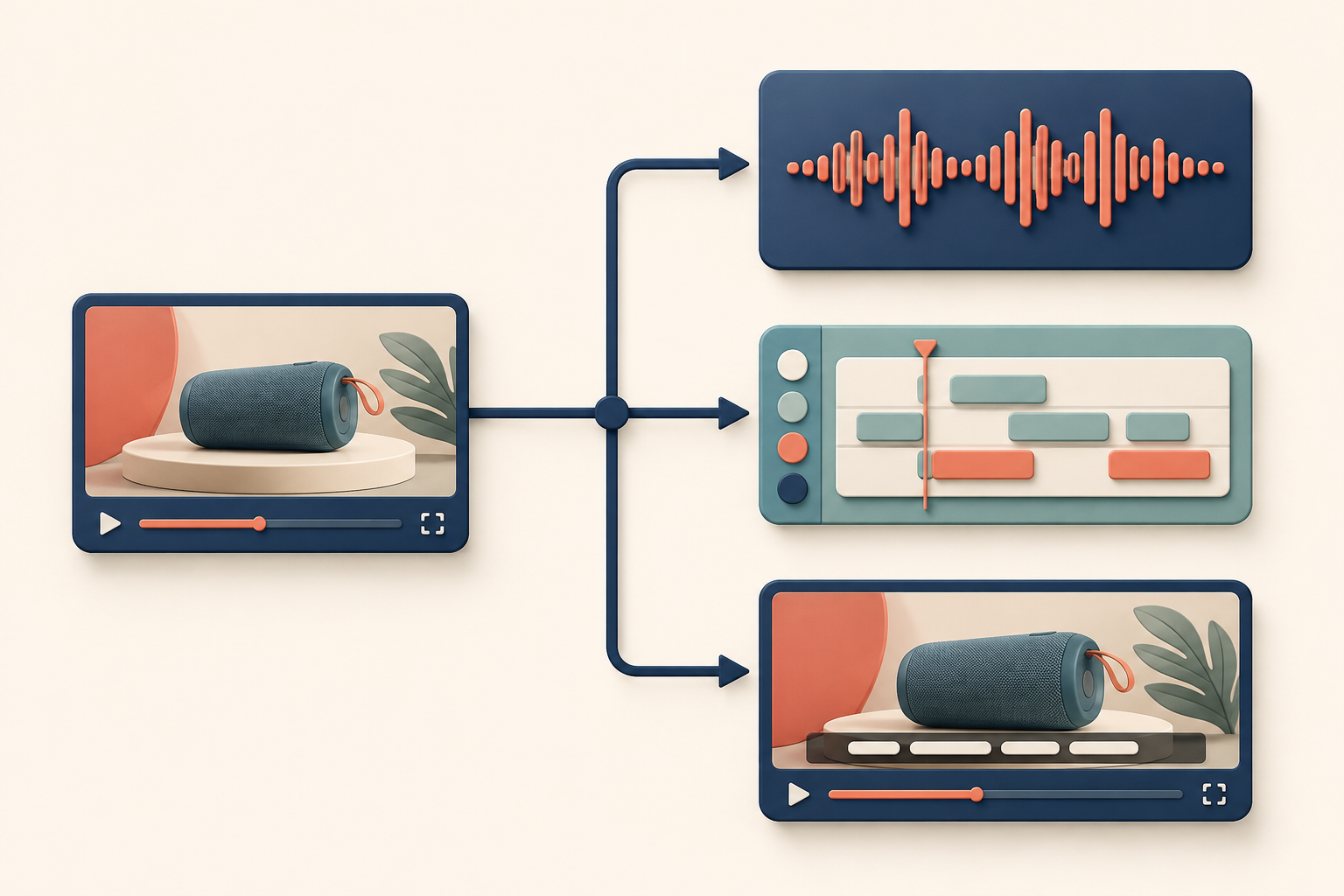 A decision map showing an existing product video branching into spoken audio, an editor-led subtitle workflow, and embedded source subtitles.