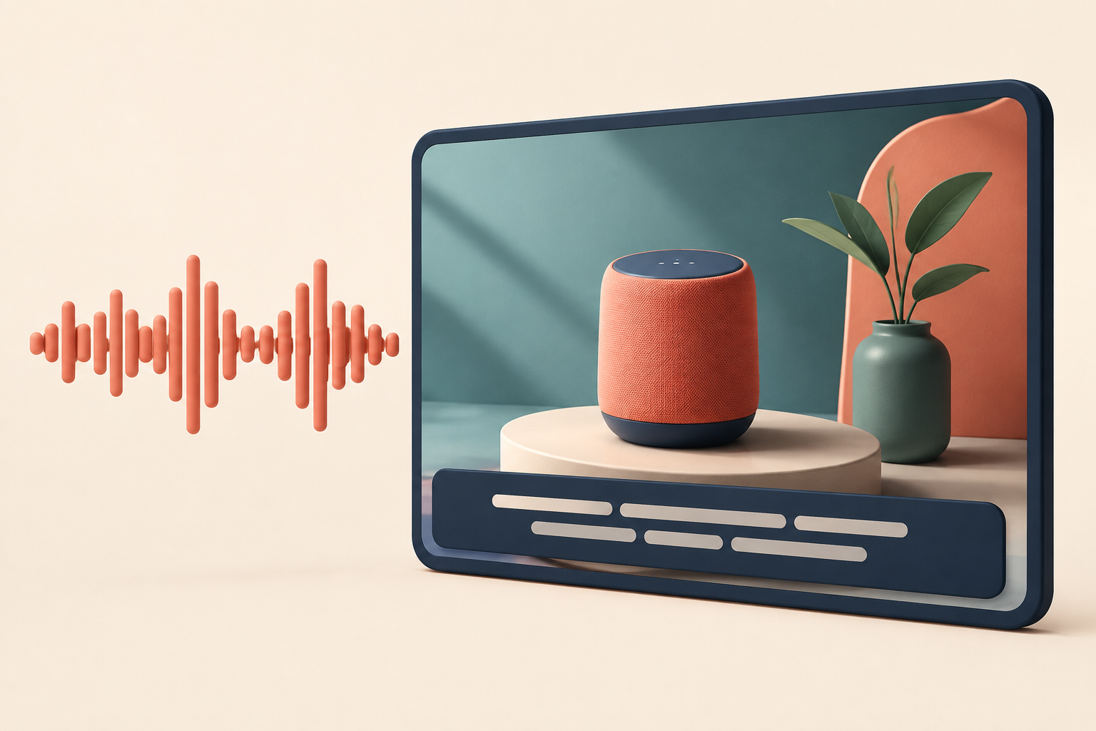 A product-video frame paired with a separate audio waveform to show that spoken audio is distinct from text rendered in the picture.