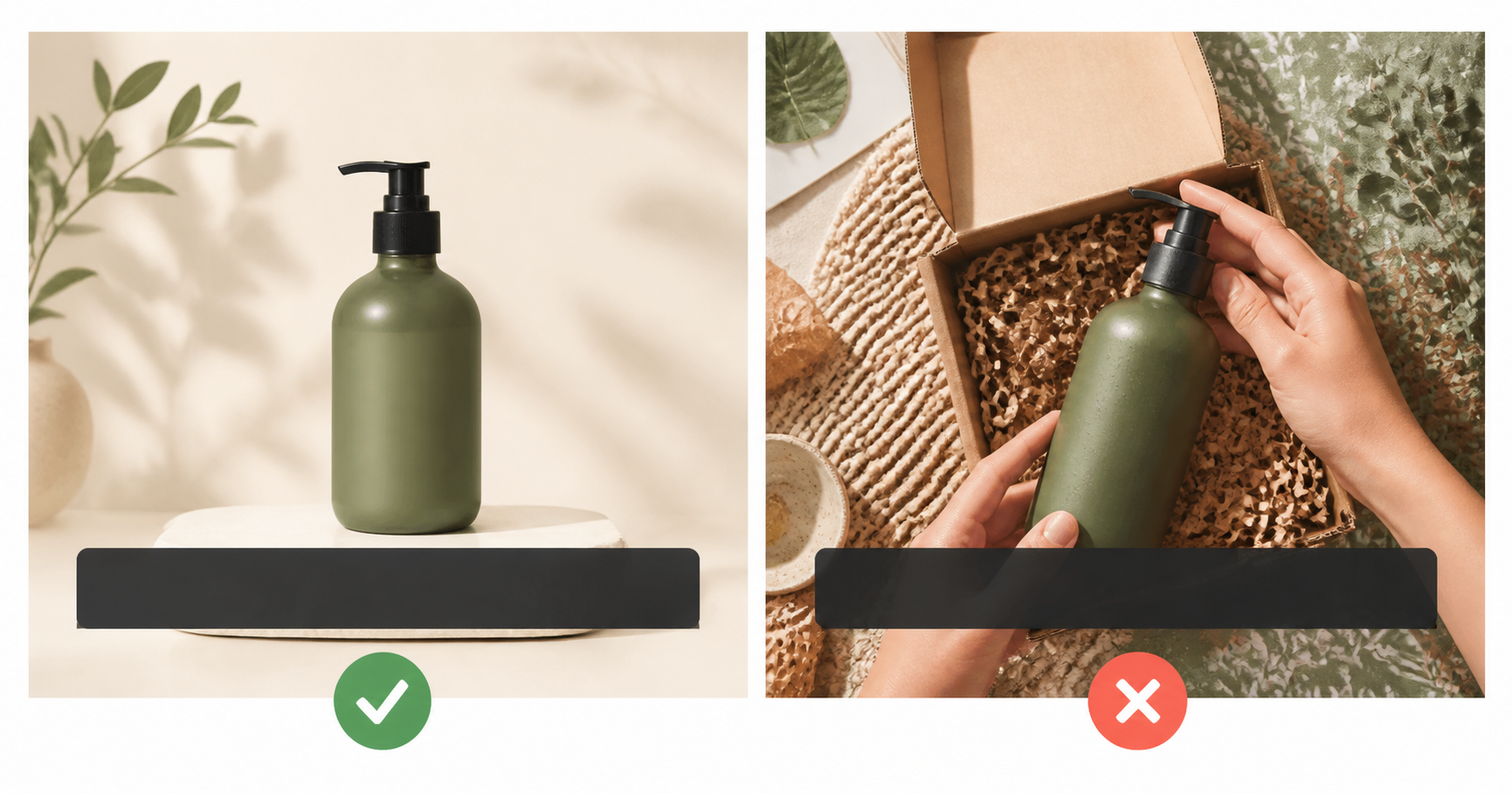 A comparison between a simple subtitle area and a busy product scene where important visual details sit behind the subtitle area.