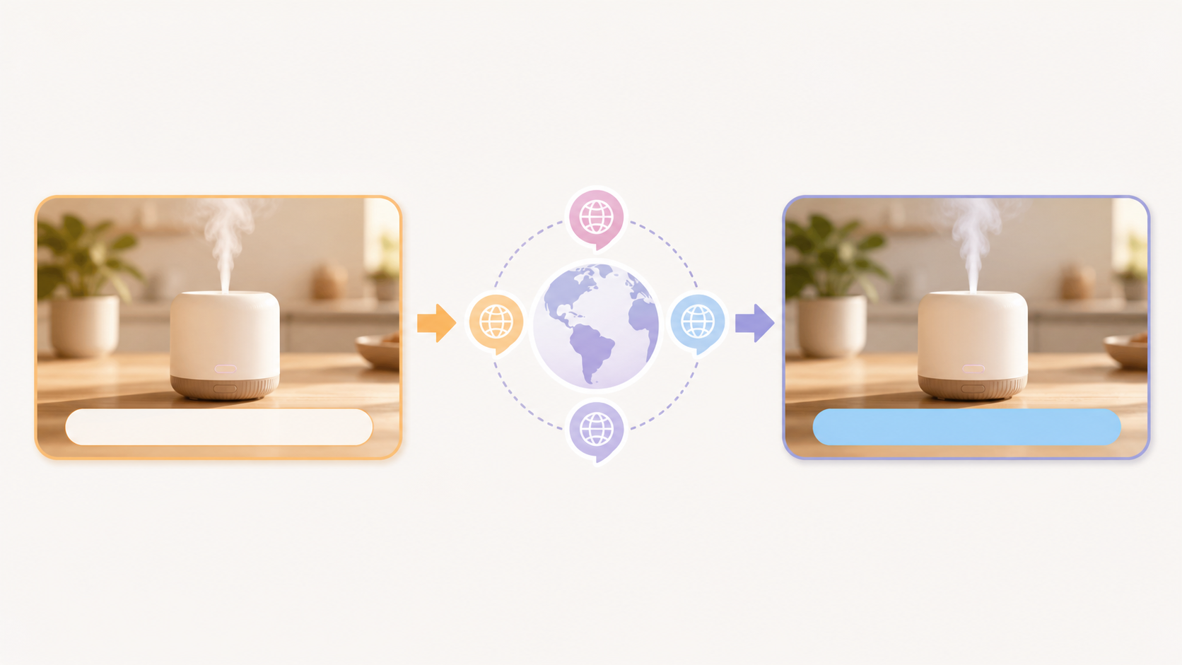 Editorial illustration showing a product video moving through a language choice to a translated subtitle version.