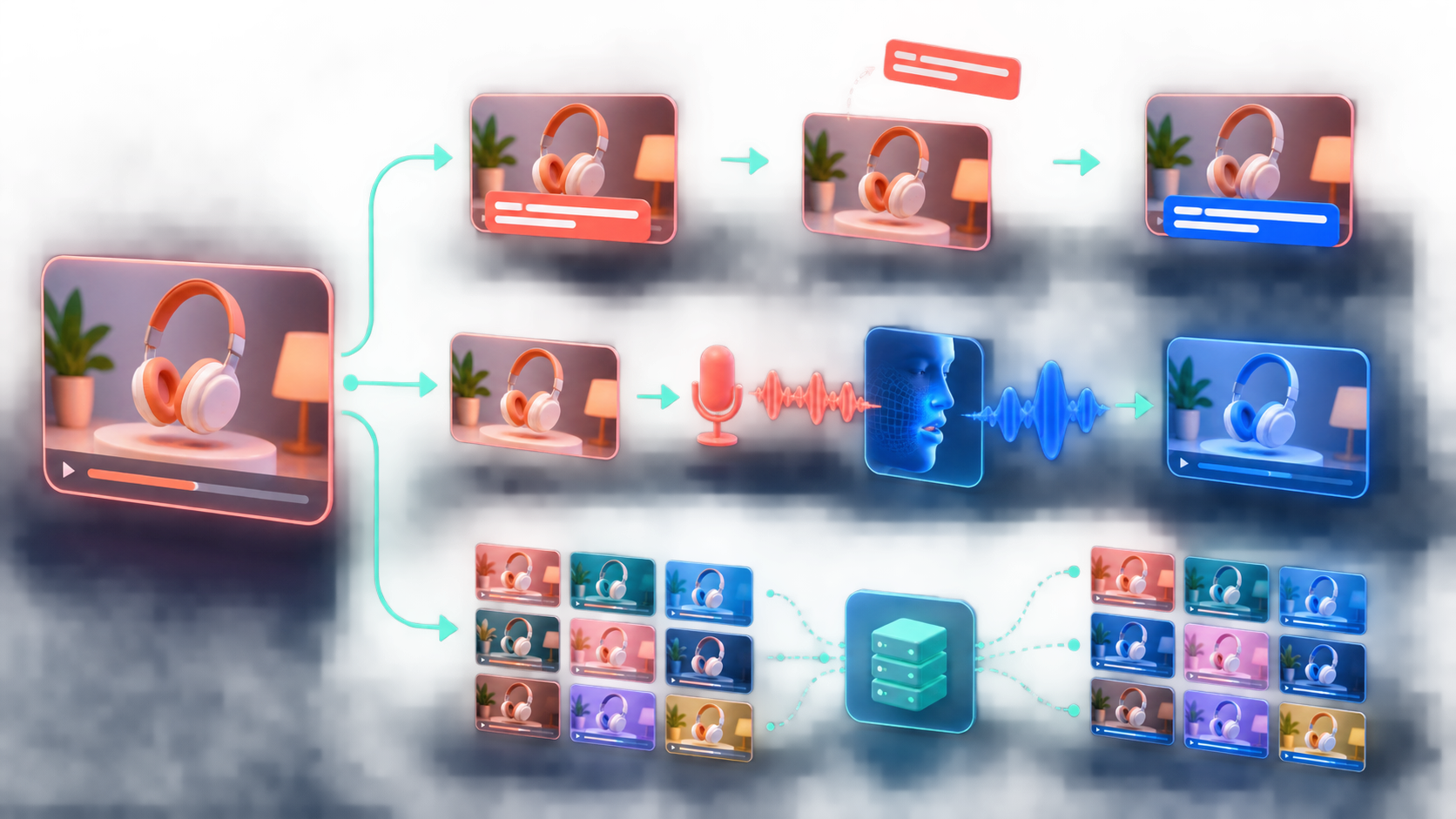 Diagram separating embedded subtitle replacement, translated voice with lip sync, and batch workflow for a video subtitle translator.
